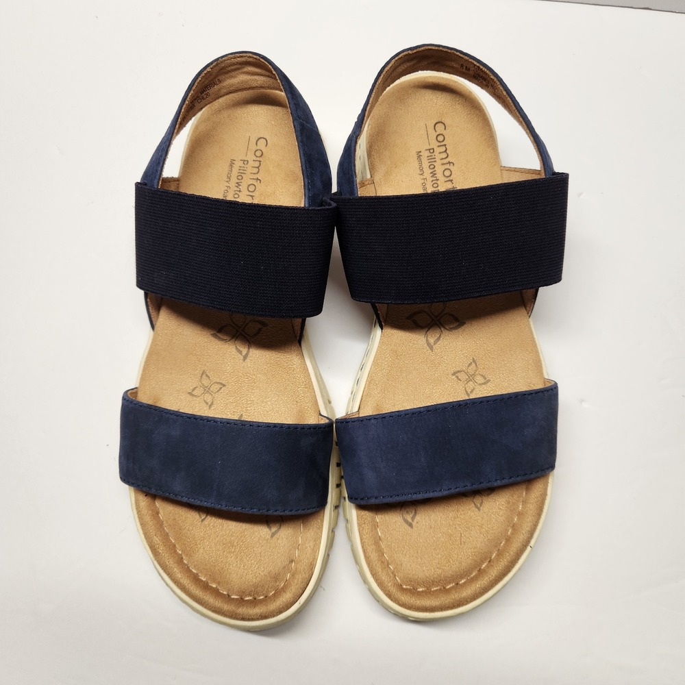Comfortiva Women 8M Blue Leather Elastic Strap Sandal Pillowtop Memory Foam Shoe